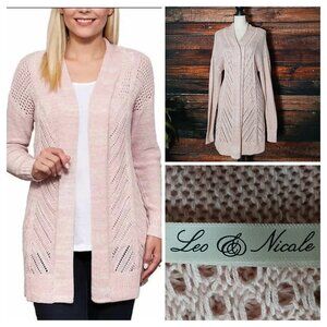 Leo & Nicole Cardigan Sweater XL Open Long Pointelle Loose Weave Knit Light Pink